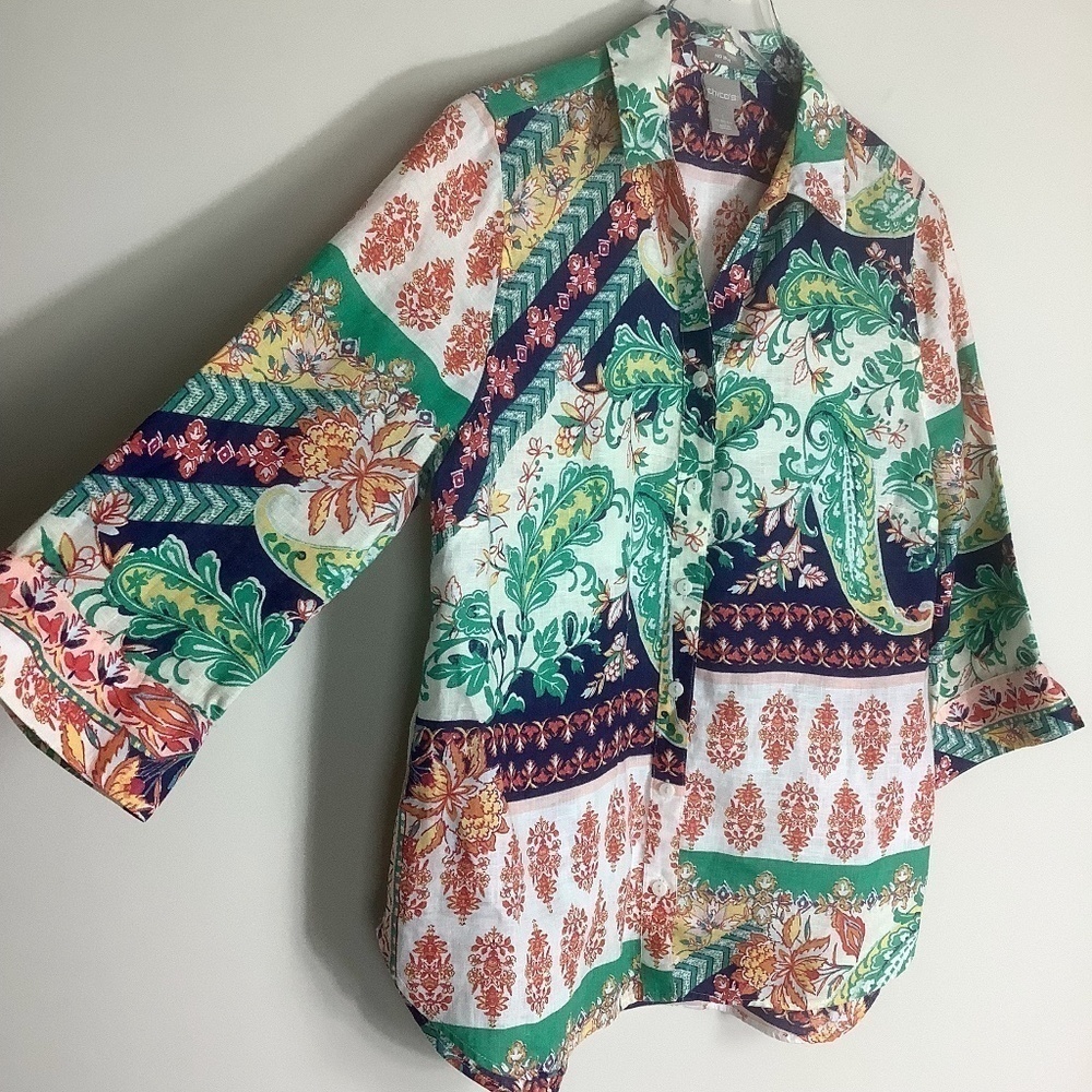 Chico's‎ No Iron Linen Paisley Shirt 3/4 Sleeves - Picture 3 of 16